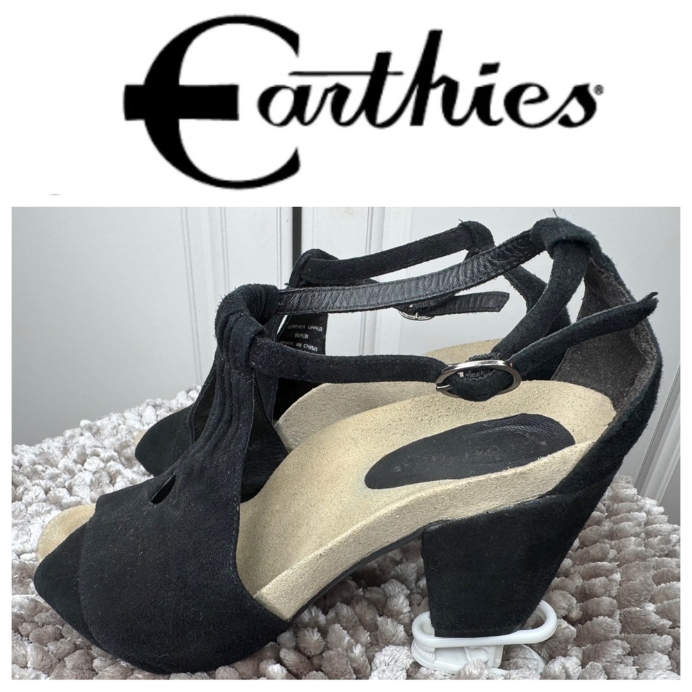 Earthies Black Suede Peeptoe Shoe